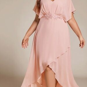 Plus Chiffon Appliqués High-low Evening Dress with Short Sleeves